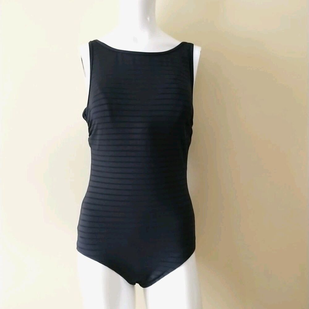 JETS Jessika Allen One Piece Swimsuit 10 Black Striped Pads Underwired Lined